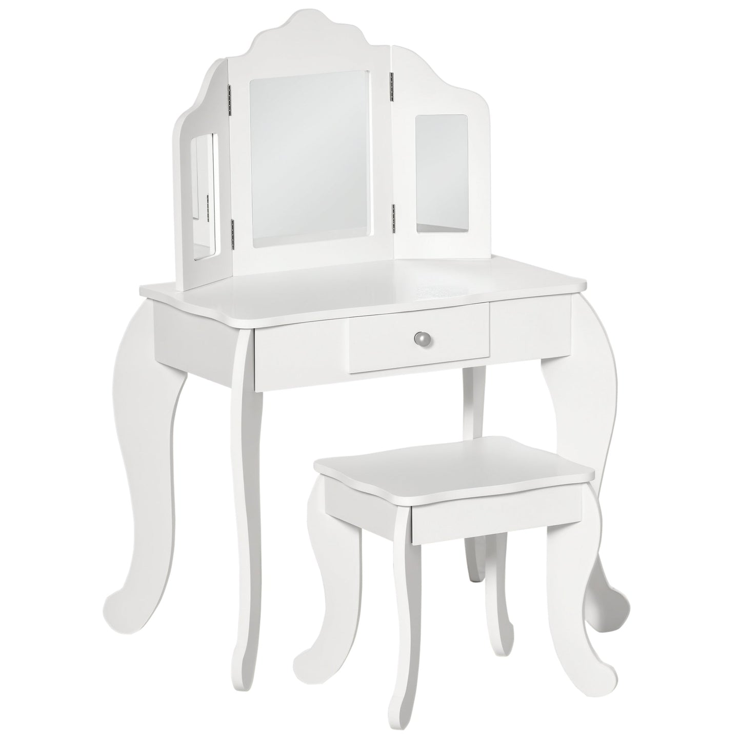 Children's Dressing Table with Stool and Triple Mirror, Wood and Acrylic, 63x40x85.5 cm, White