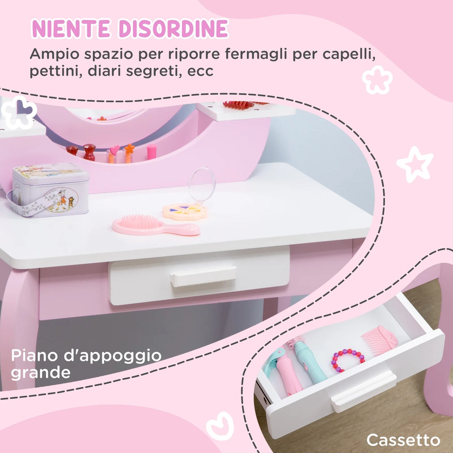 Kids Pink Vanity Table Set with Mirror & Stool