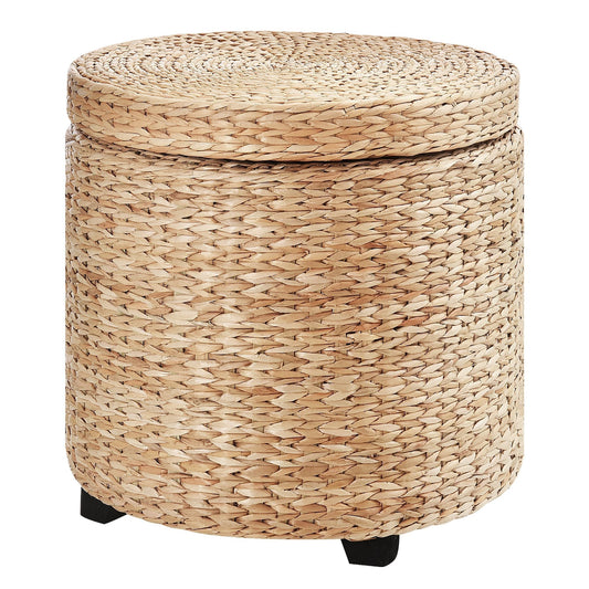 Boho Style Round Storage Ottoman with Natural Upholstery, Coffee Table Ø43x43cm, Khaki