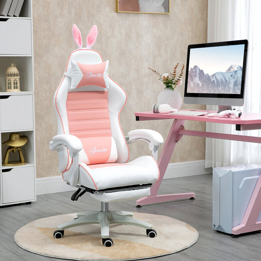 Ergonomic Gaming Chair with Ears, Removable Footrest, Lumbar Cushion and Headrest, Pink