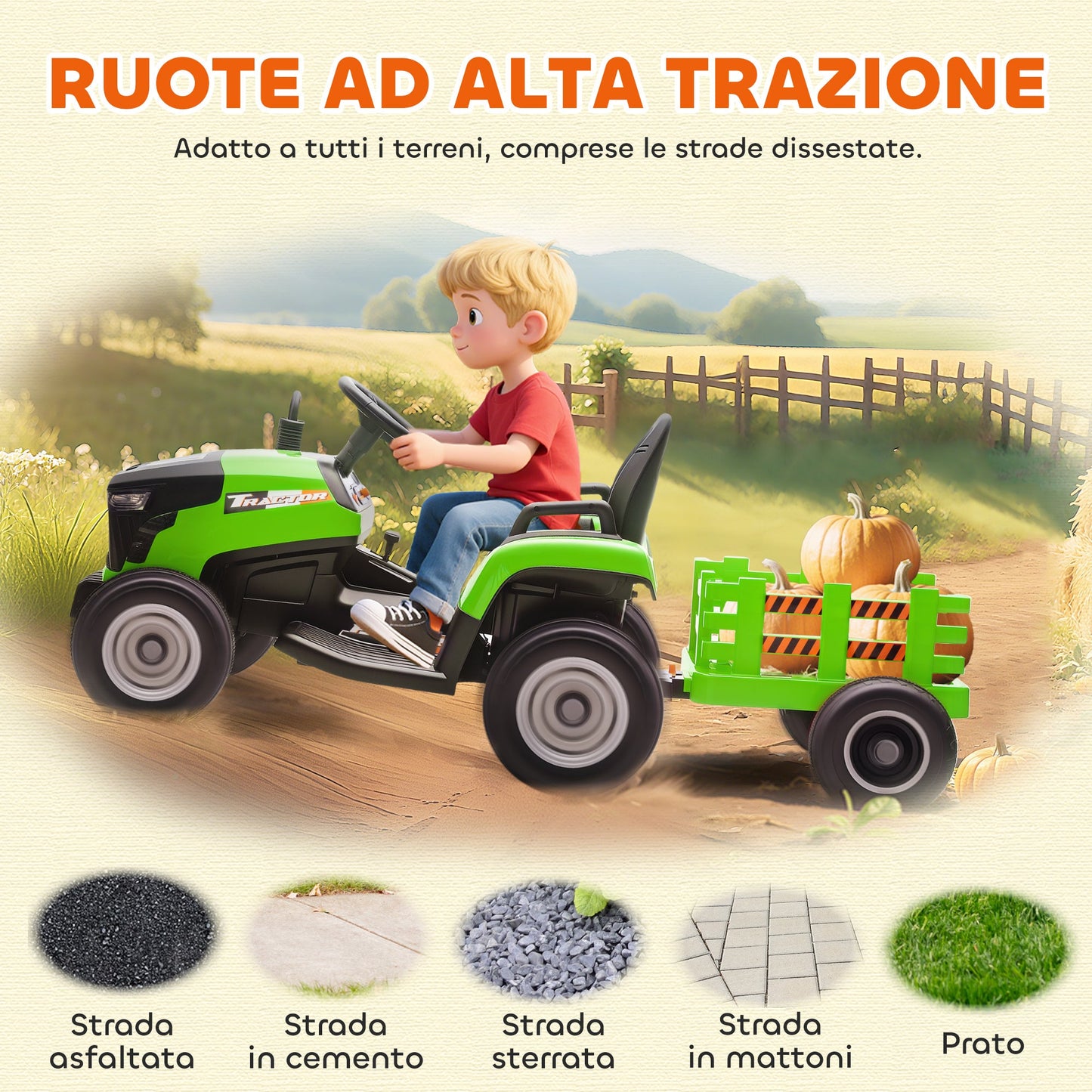 Electric Tractor for Children with Detachable Trailer and Remote Control, Made of Plastic and Metal, 139x58x55 cm, Green