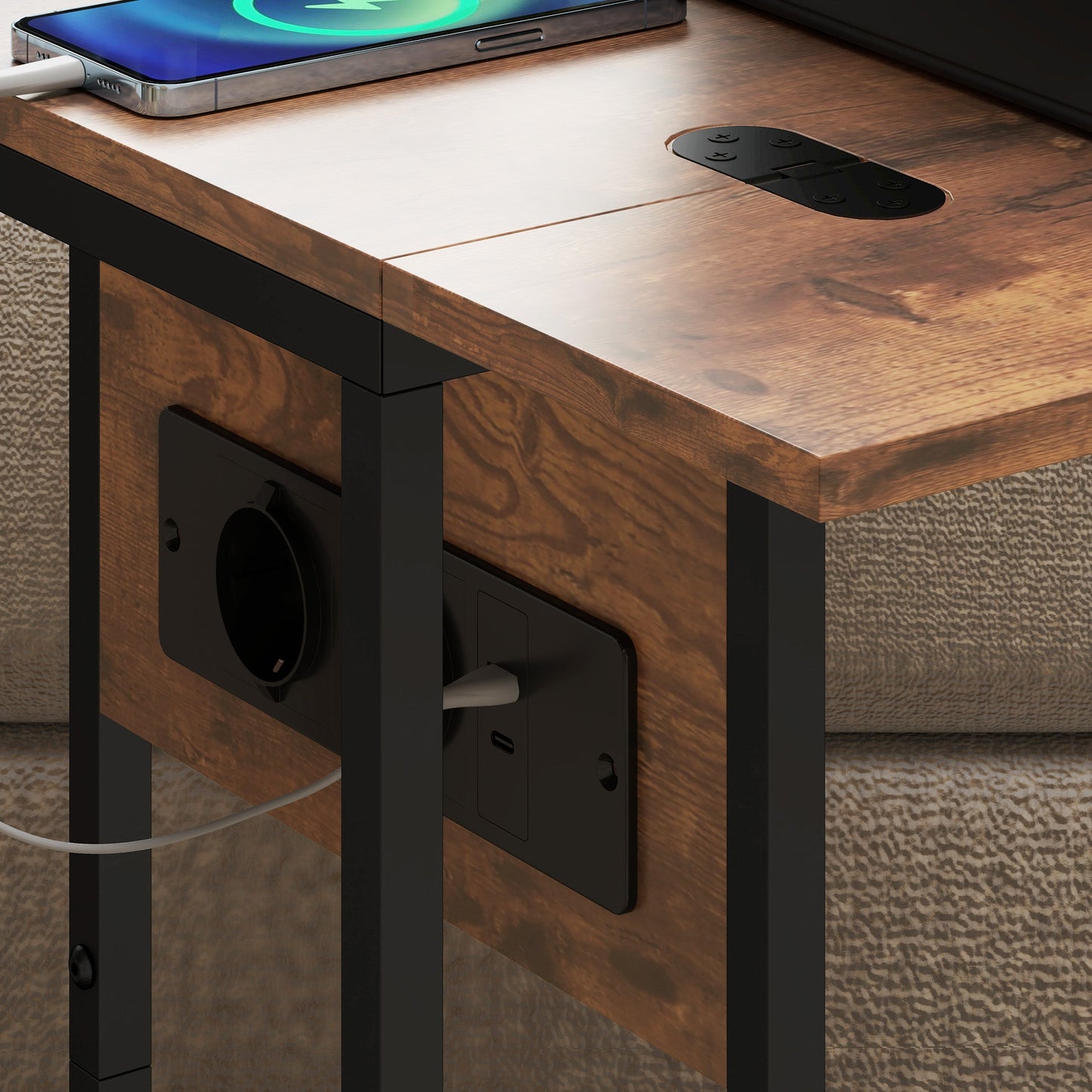 Expandable C-Shaped Coffee Table with 2 Charging Stations, Wood and Metal, 39x29x57 cm, Black and Brown