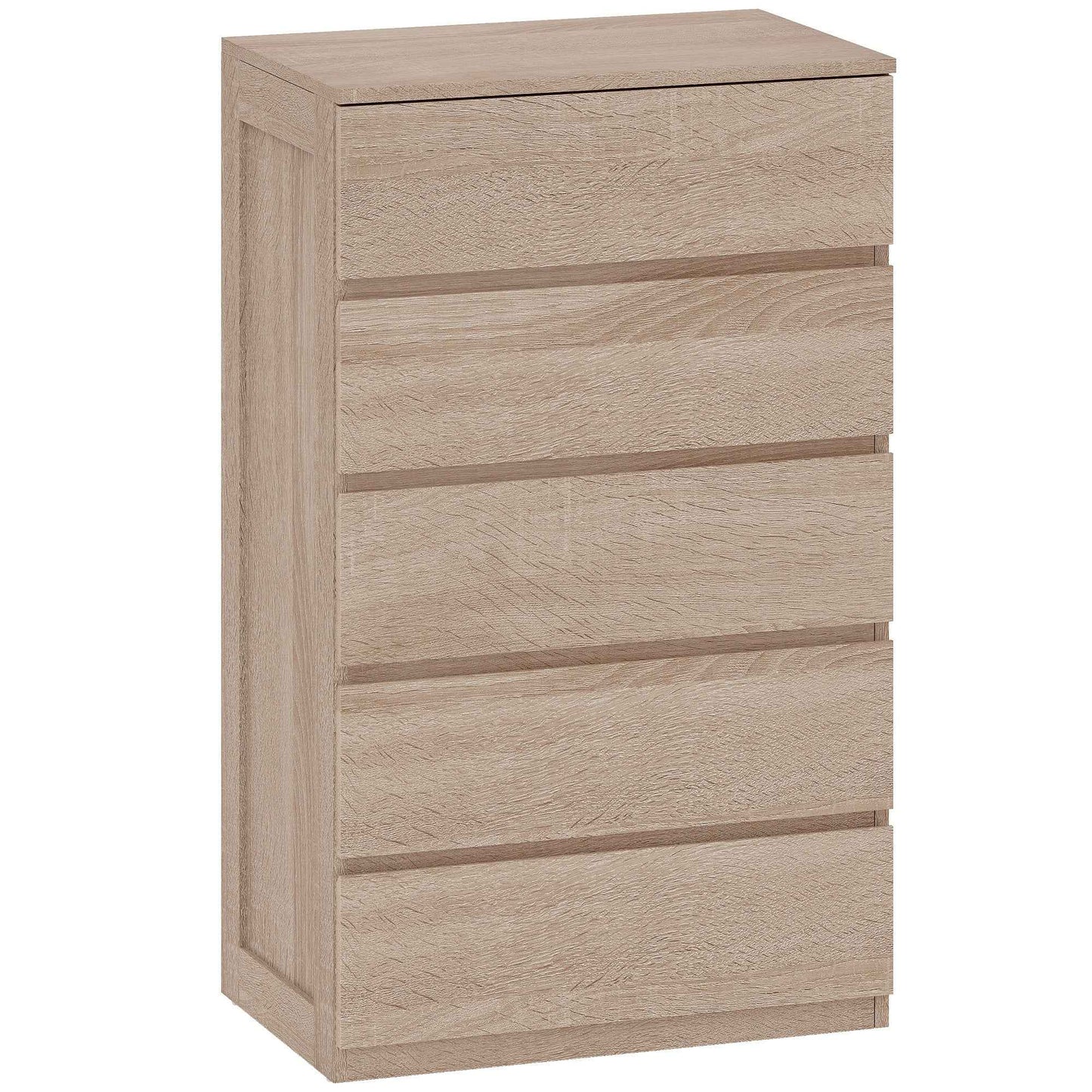 5-Drawer Wooden Chest of Drawers with Metal Rails and Grooved Handles, 60x39x100 cm, Beech Color