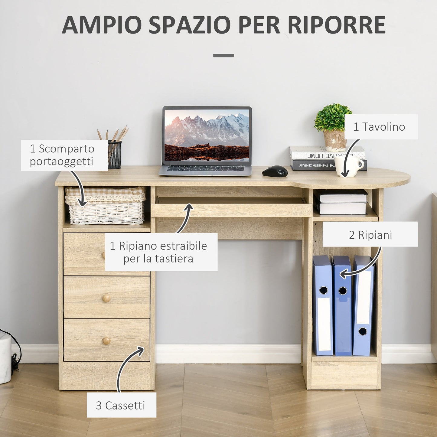 Desk from PC to Office with shelves, drawers and wooden headboard, 125x60x74cm