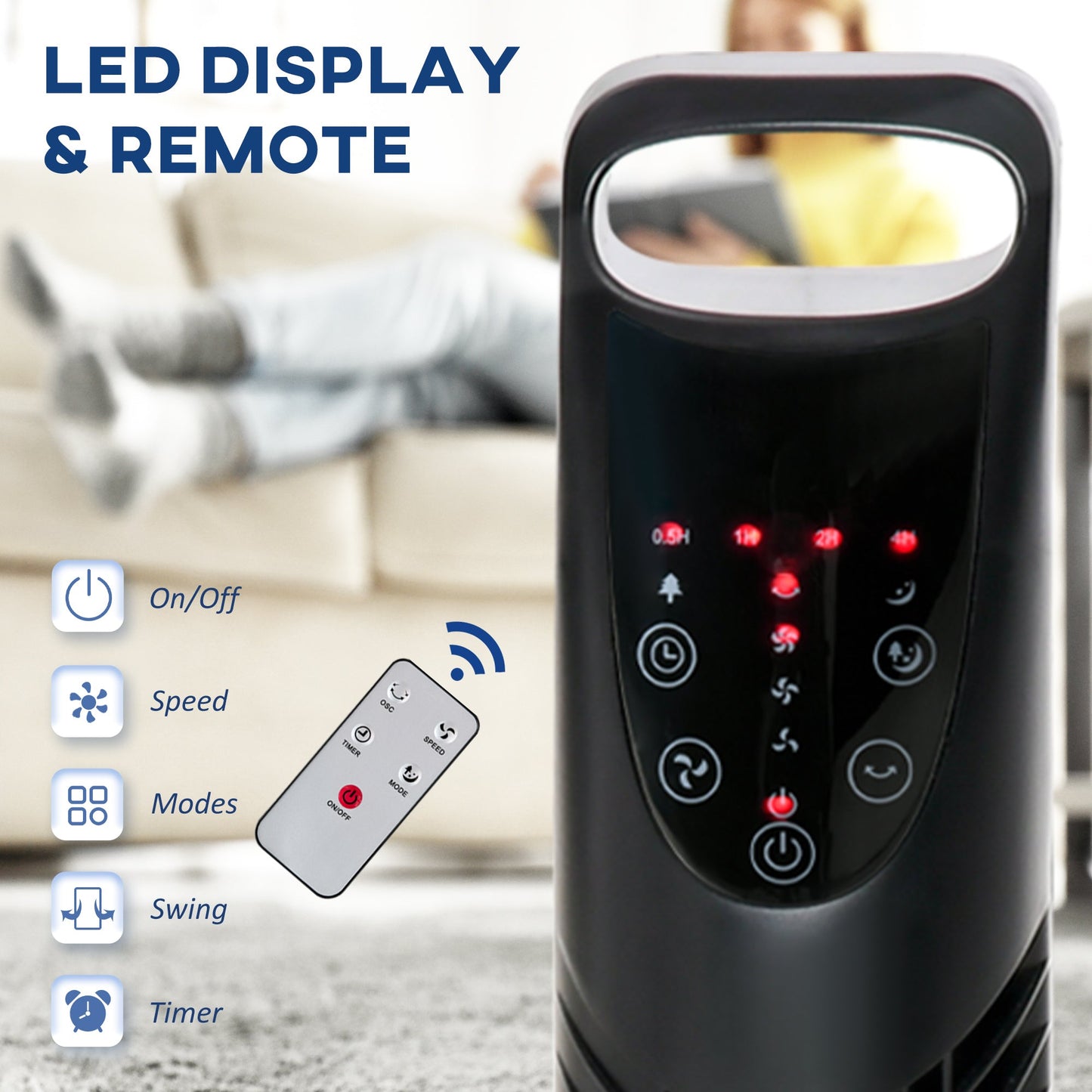 Column Fan with Remote Control up to 5m, 70° Oscillation with 3 Modes and 3 Speeds, 7.5h Timer, 40W Black, Ф18x78.5cm