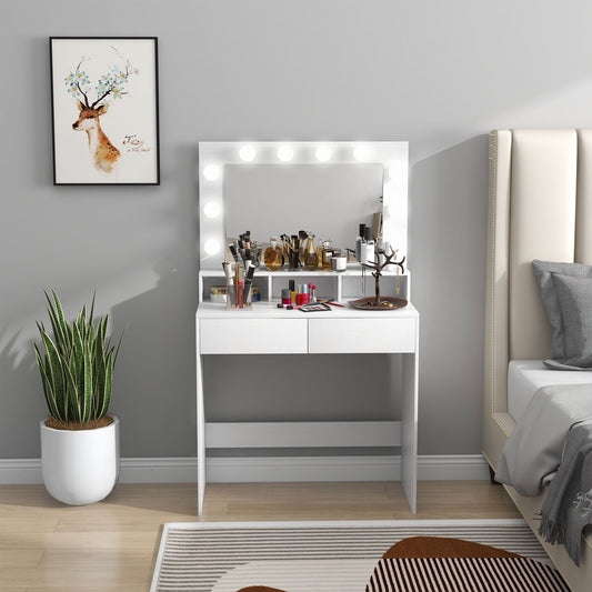 Dressing Table with Mirror and 10 Adjustable LED Lights, 2 Drawers and 3 Compartments, 80x40x135 cm, White