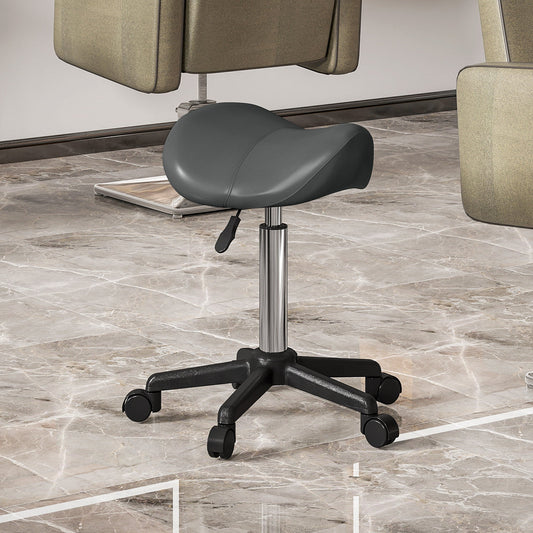 Swivel Saddle Stool with Wheels and Adjustable Height, Padded and Upholstered in Faux Leather, Grey
