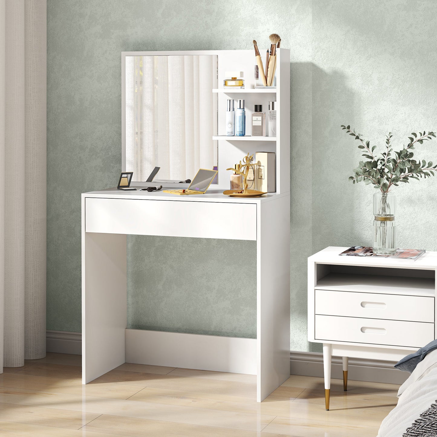 Dressing Table with Mirror, 3 Corner Shelves and Drawer, Wood and Glass, 75x40x137 cm, White
