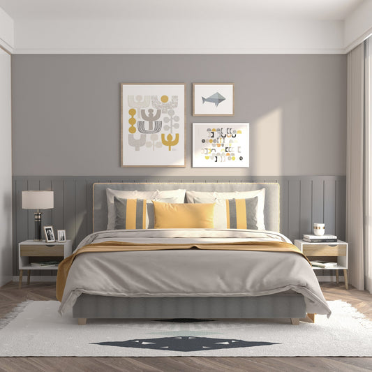 Set of 2 Modern Bedside Tables with Drawer and Shelf, Raised Base and Wooden Legs, 50x39x51cm, White and Oak