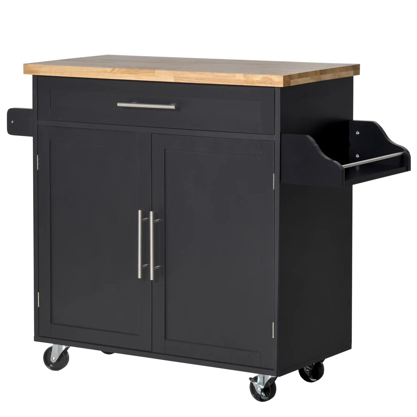 Kitchen Trolley with drawer, door holders and locker, 4 wheels and wooden work surface, 109x40x89cm - Black