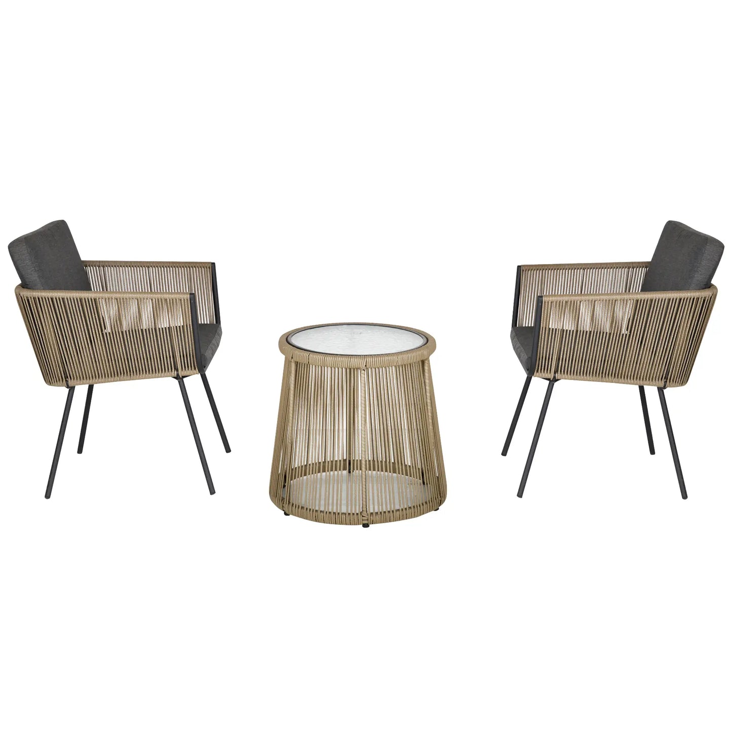 Set of 2 Outdoor Chairs with Table in PE Rattan Boho Style, Khaki and Grey