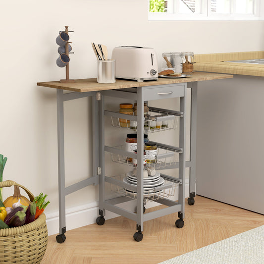 Kitchen Trolley with 3 Baskets, Drawer and 2 Flaps, in Wood and Metal, 37x37x77.5 cm, Grey and Oak