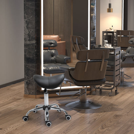 Saddle Work Stool with Wheels and Adjustable Height for Hairdressing and Tattoo Shops, 52x53x49-61cm Black