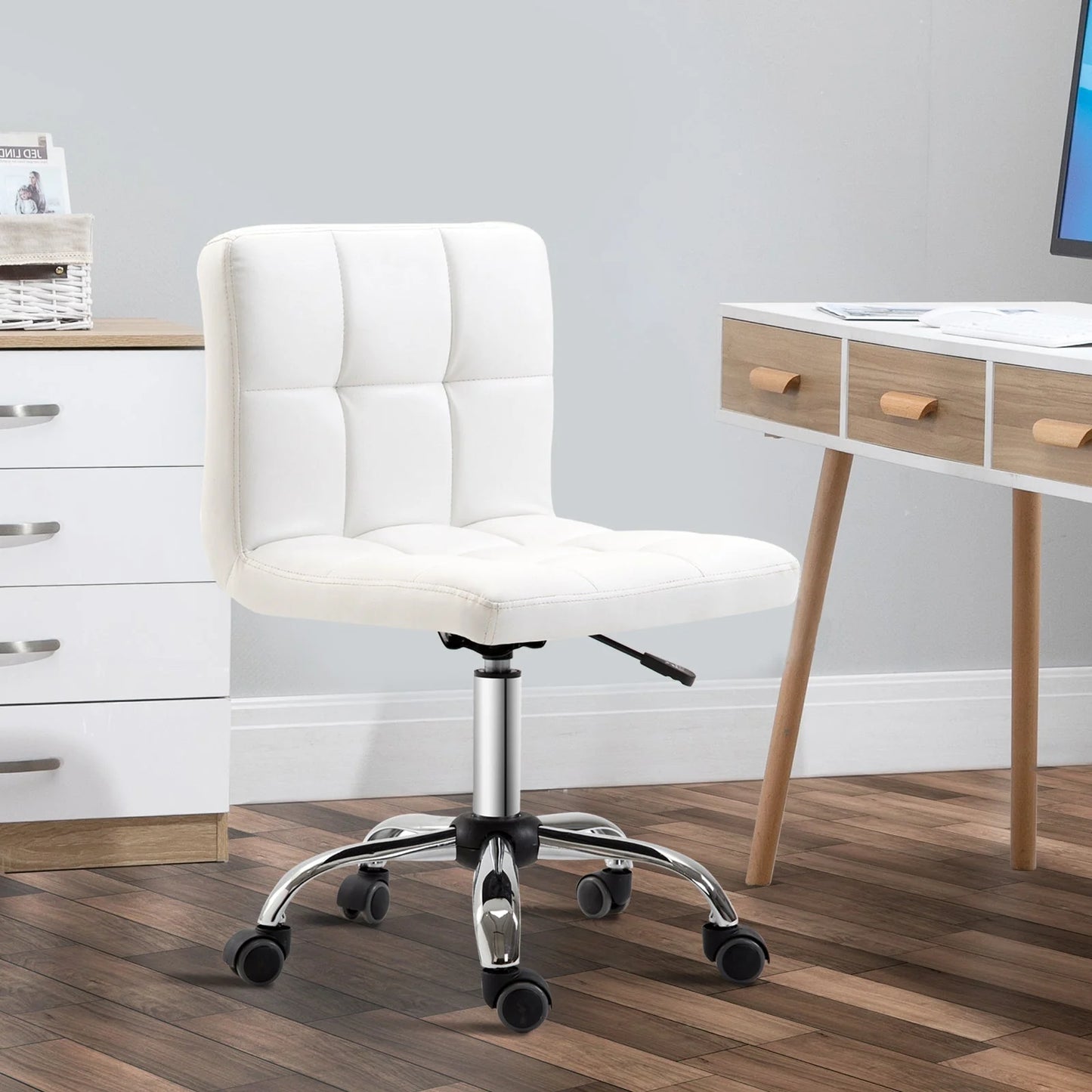 Ergonomic White Swivel Office Chair with Adjustable Height and PU Leather Finish