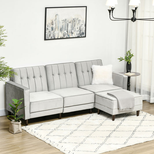 sofa bed 3 seats with footrest and reclining back, velvet coating and padded seat, 218x85x86 cm, light Grey