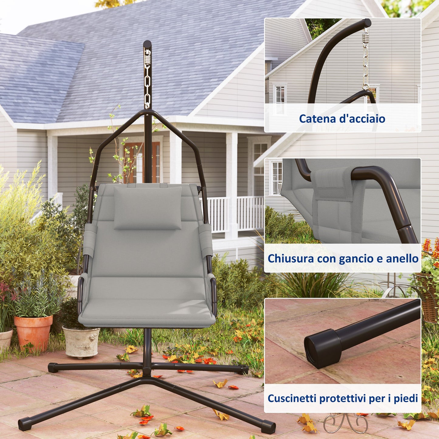 Padded Swing Hammock with Cushion, Hook and Chain, Steel and Polyester, 118x98x192 cm, Grey and Black