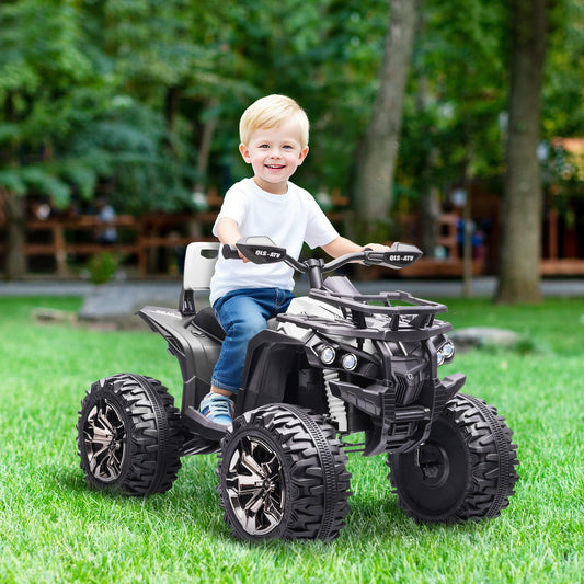 12V Electric Quad Bike for Children Ages 3-5 with Headlights and Pedal, USB Port for Music, White