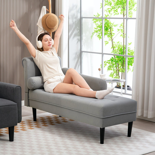 Chaise Longue with Quilted Velvet Effect Covering in Grey, Solid Wood and Sponge, 146x61x82.5 cm