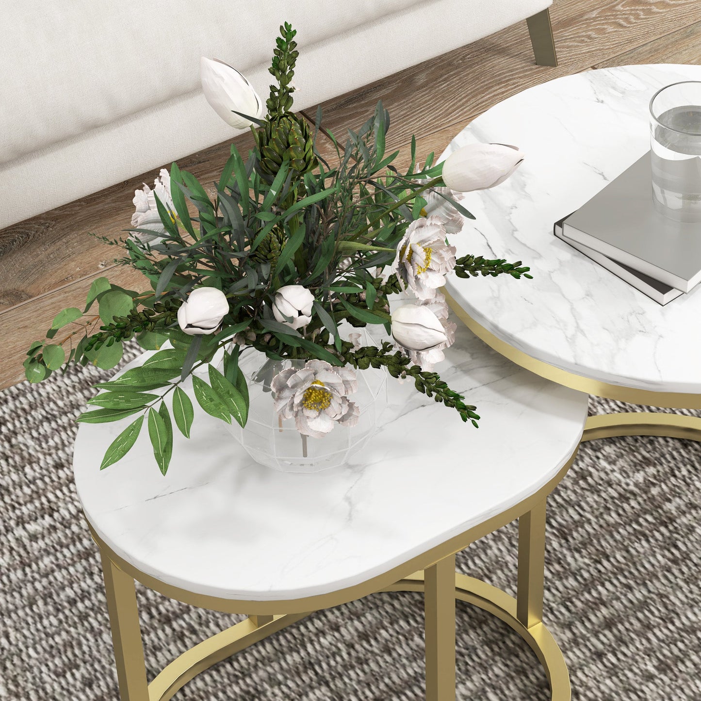 Set of 2 Coffee Tables with Marble Effect Top, in Wood and Steel, Ø50x50.5 cm and 60x36x43.5 cm, White