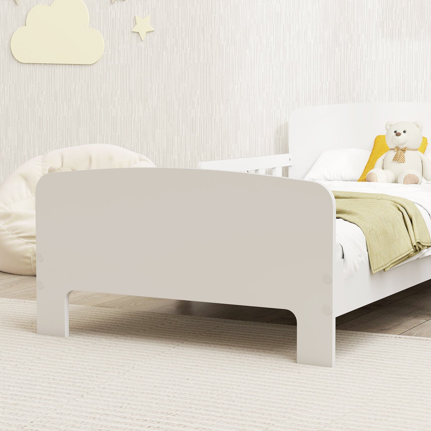 Children's Bed for 3-8 Years Low with Side Rails and Smooth Edges, Made of Wood, 143.5x74.2x54 cm, White