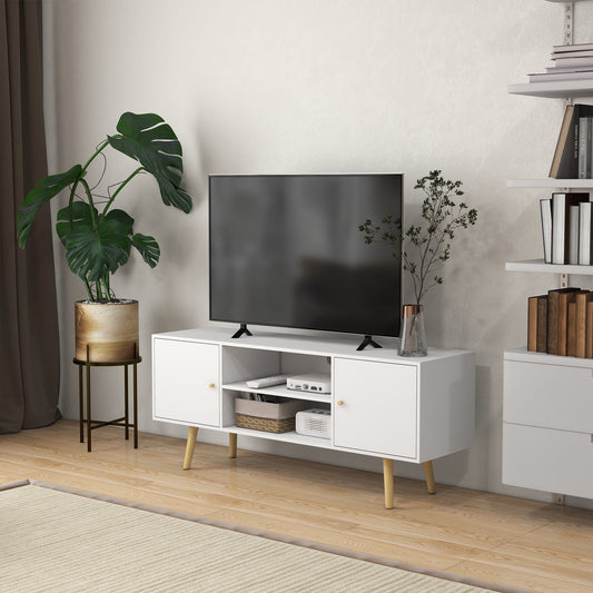 55" max TV Stand with 2 Cabinets and 2 Open Shelves, in Wood and Chipboard, 120x34x50 cm, White