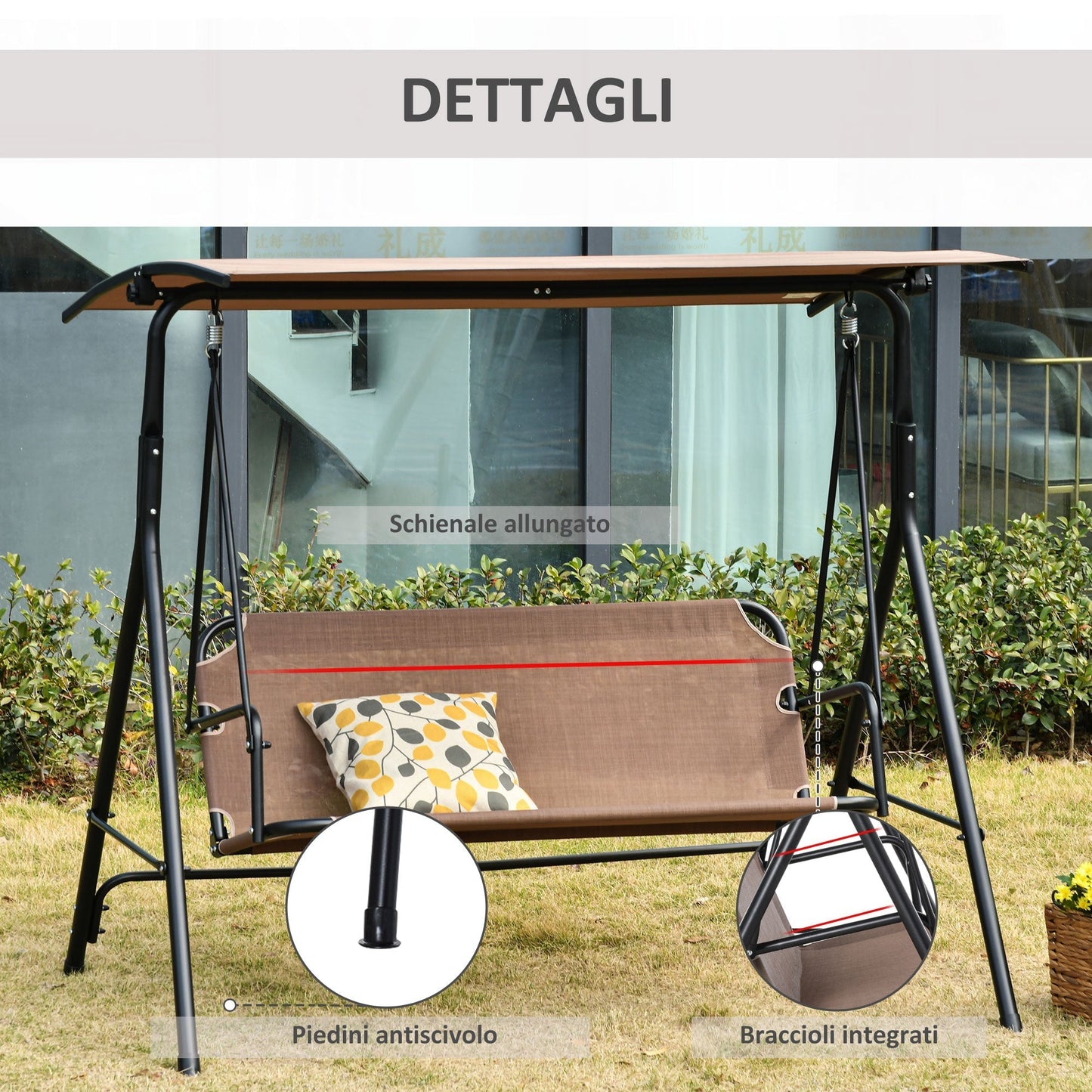 LOUISIANA | 3 Seater Garden Swing Terrace with Adjustable Canopy in Metal and Texteline 172x110x155cm Brown