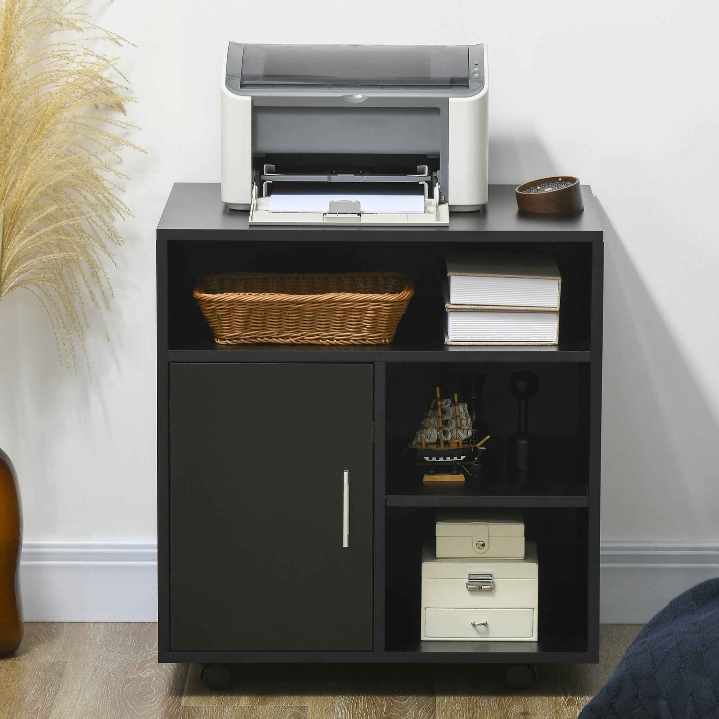 HOMCOM Rolling Printer Stand with Cabinet and 3 Open Shelves, Wooden, 60x50x65.5 cm, Black