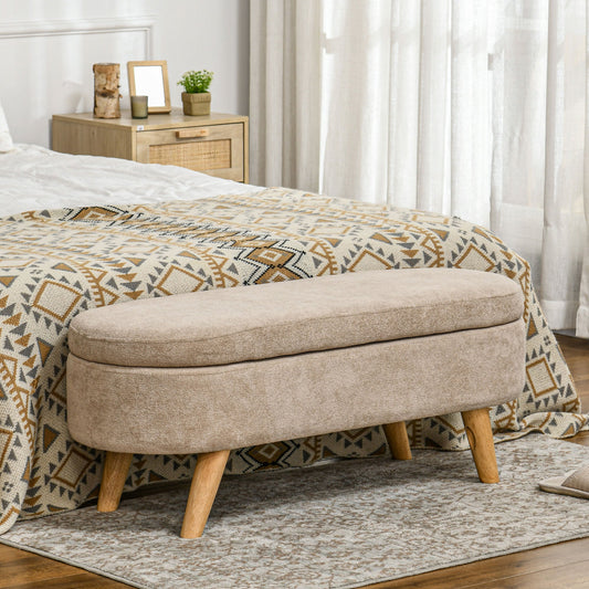 Padded Bed End Bench with Retractable Storage Space, in Wood and Polyester, 110x40x43 cm, Beige