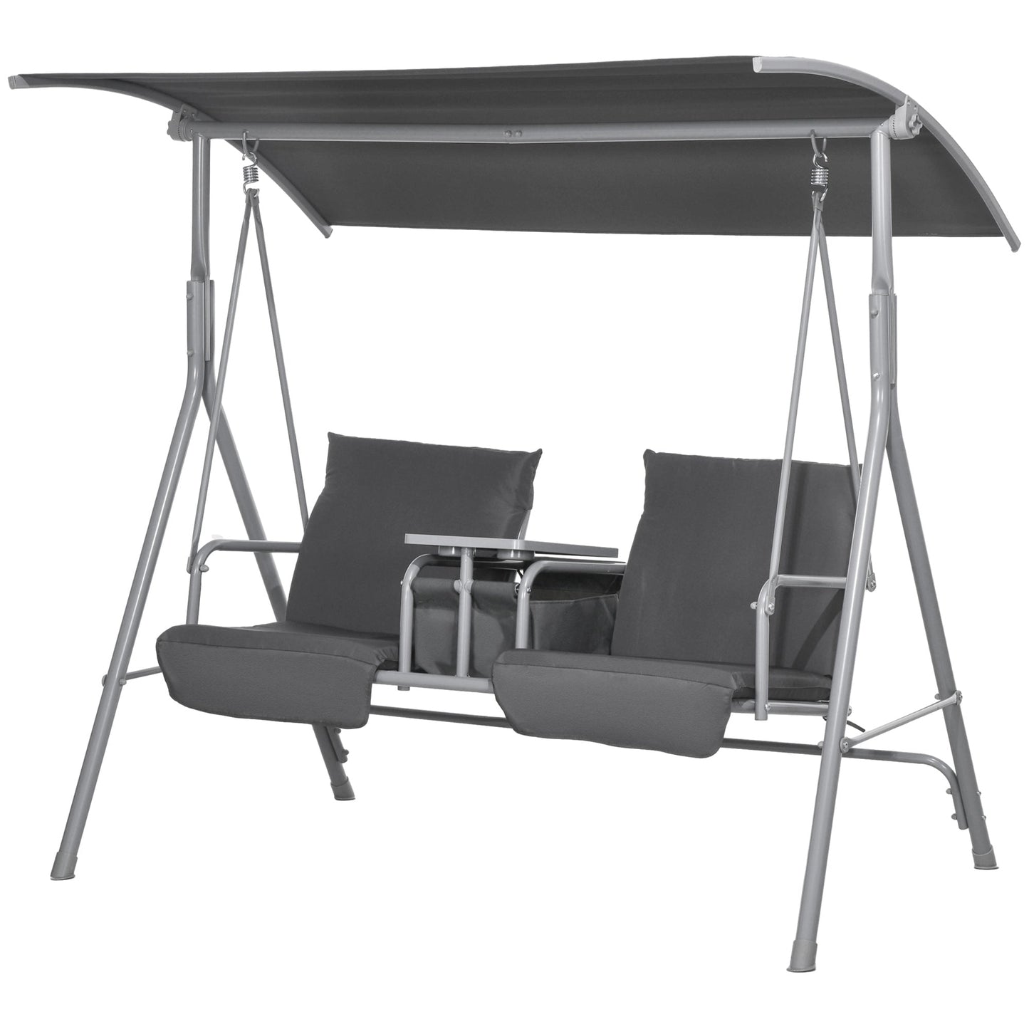 ALANA | 2-Seater Swing with Table and Cup Holder, in Metal and Polyester, 175x110x165 cm, Grey