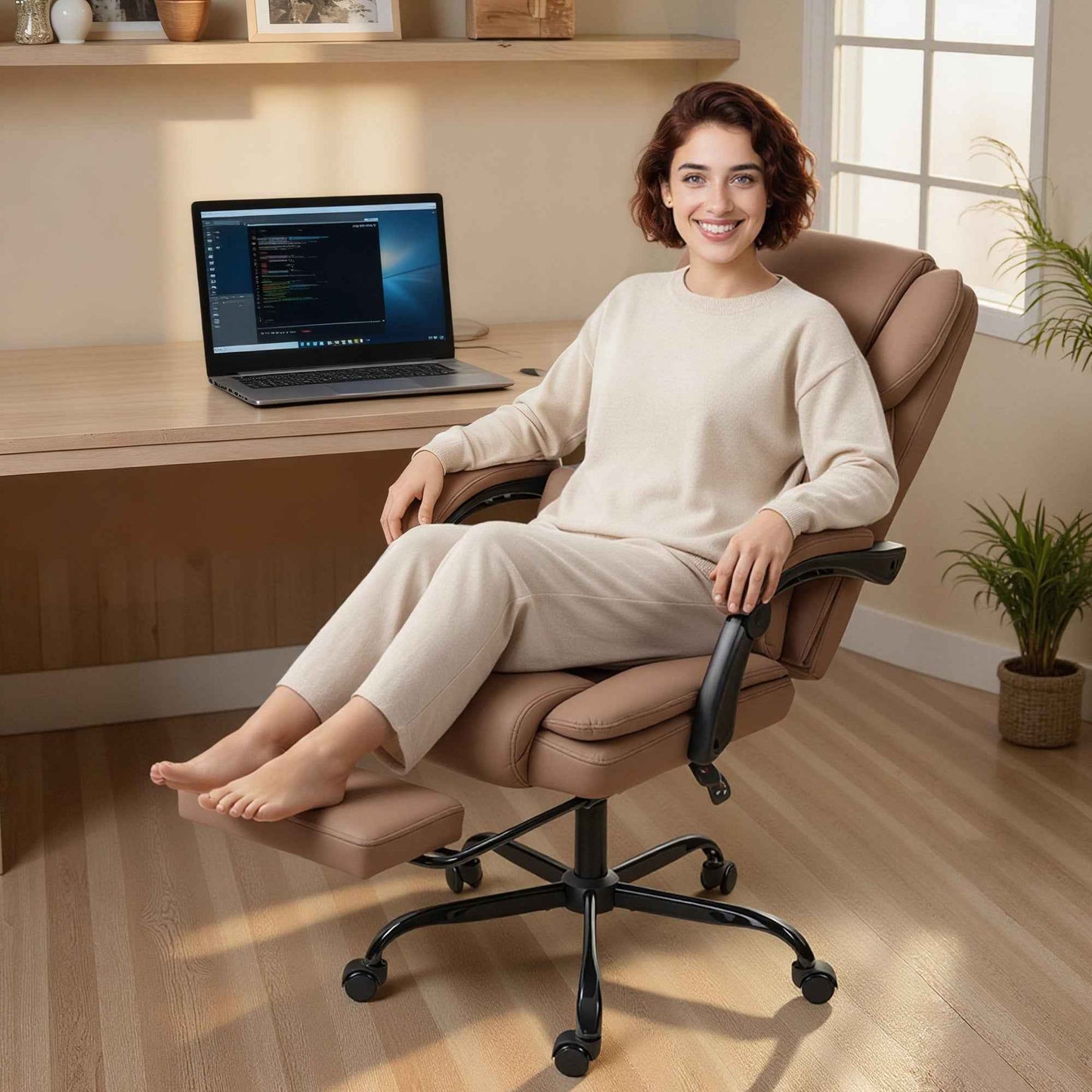 Reclining Faux Leather Office Chair with Footrest and Wheels, 65x67x111-119 cm, Brown