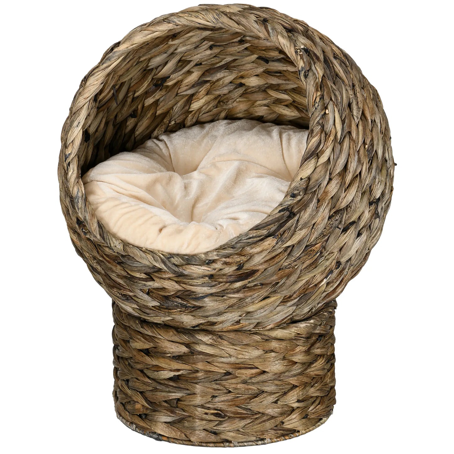 Raised Cat Bed with Cushion, Natural Banana Leaf House, Beige and Brown, 42x33x52cm