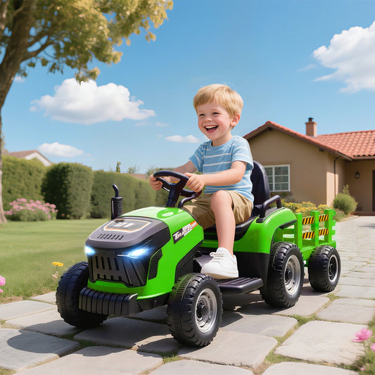 Electric Tractor for Children with Detachable Trailer and Remote Control, Made of Plastic and Metal, 139x58x55 cm, Green
