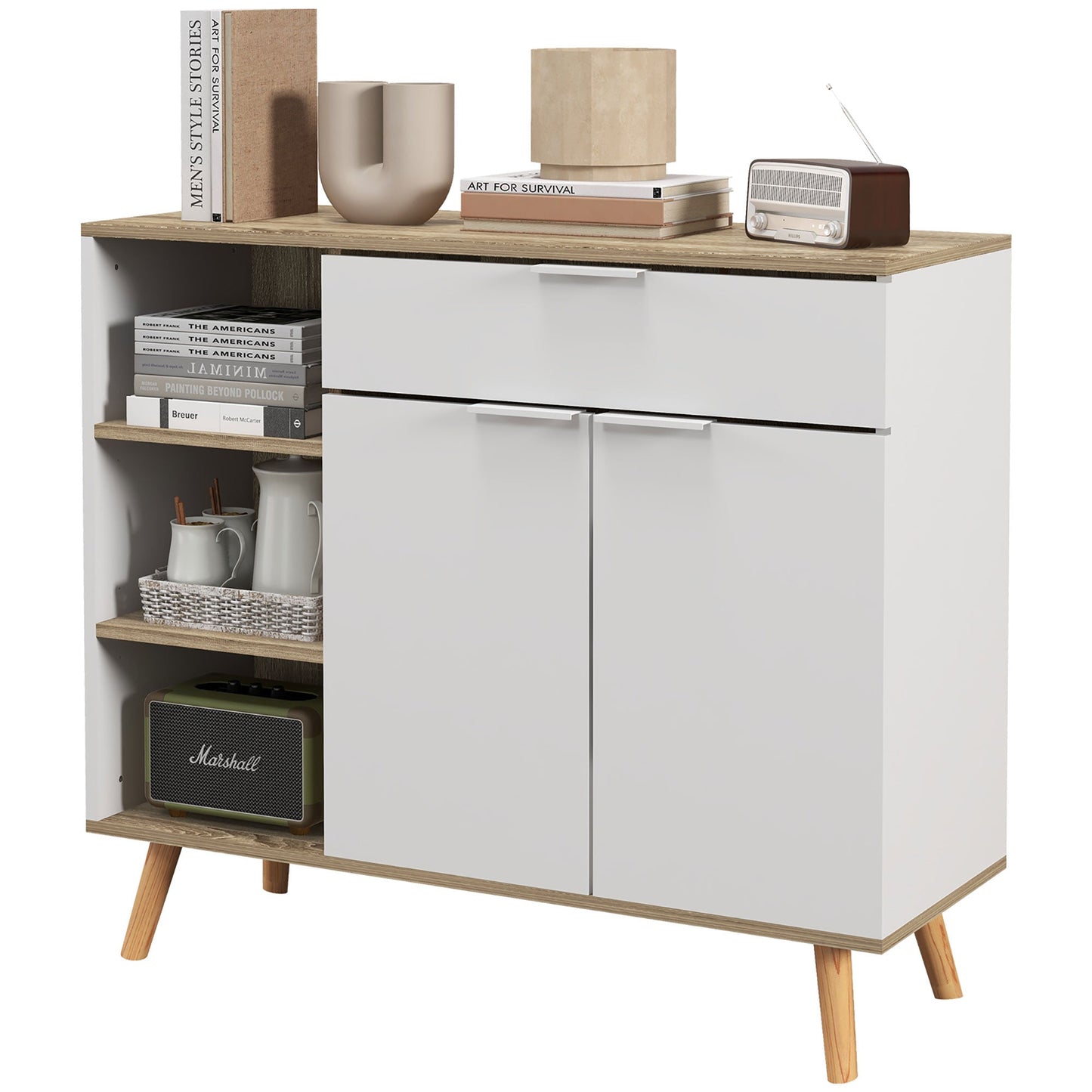 Multipurpose Space-Saving Cabinet with 3 Open Shelves, Cabinet and Drawer, in Chipboard, 95x35x85 cm