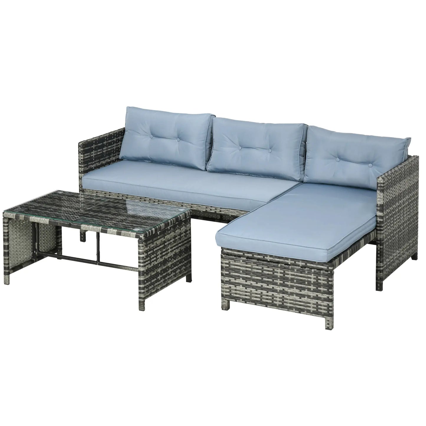 Garden Lounge Set with Sofa, Chaise Longue and Coffee Table in PE Rattan with Cushions, Grey