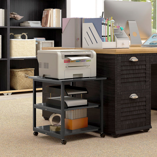 3-Tier Printer Cart with 4 Wheels, Wood and Steel, 50x50x52.5cm, Black