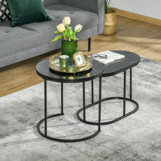 Set of 2 Coffee Tables with Marble Effect Top, in Wood and Steel, Ø50x50.5 cm and 60x36x43.5 cm, Black