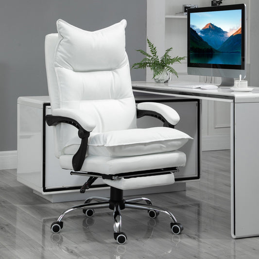 White Faux Leather Office Chair, Adjustable Height with 155° Reclining Backrest and Footrest