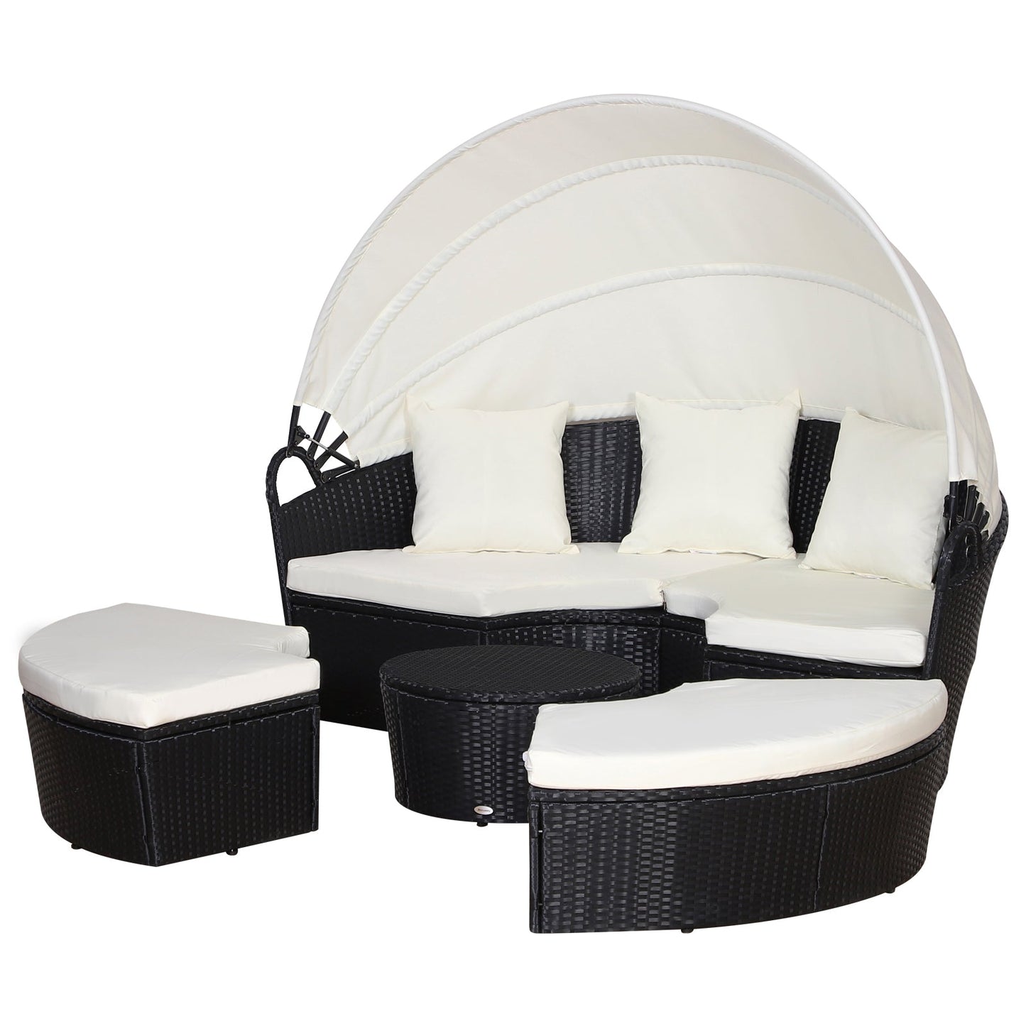4-Piece Circular Garden Sofa Set, Modular Black Rattan Furniture, Beige Canopy and Cushions 180x175x147cm