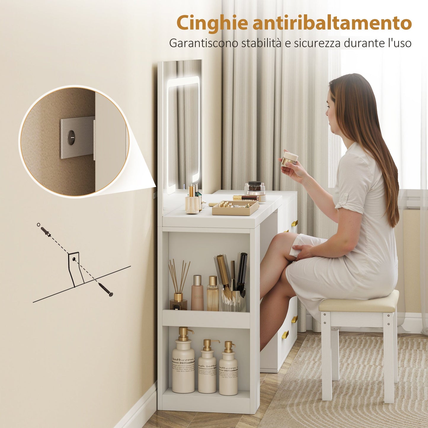 Dressing Table with Mirror and Adjustable LED Lights, 6 Drawers, 2 Shelves and Electrical Sockets, White