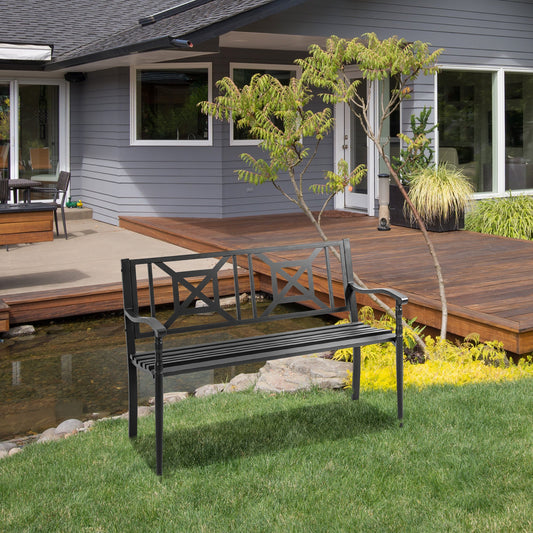 2-Seater Steel Garden Bench with High Back and Armrests, 128x62.5x81.5 cm, Black