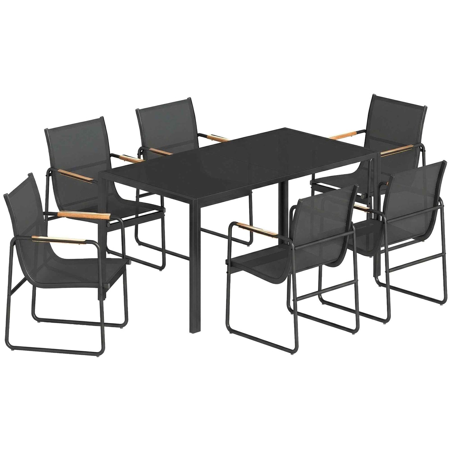 7-Piece Steel Outdoor Set with Tempered Glass Table and 6 Breathable Texteline Chairs, Black