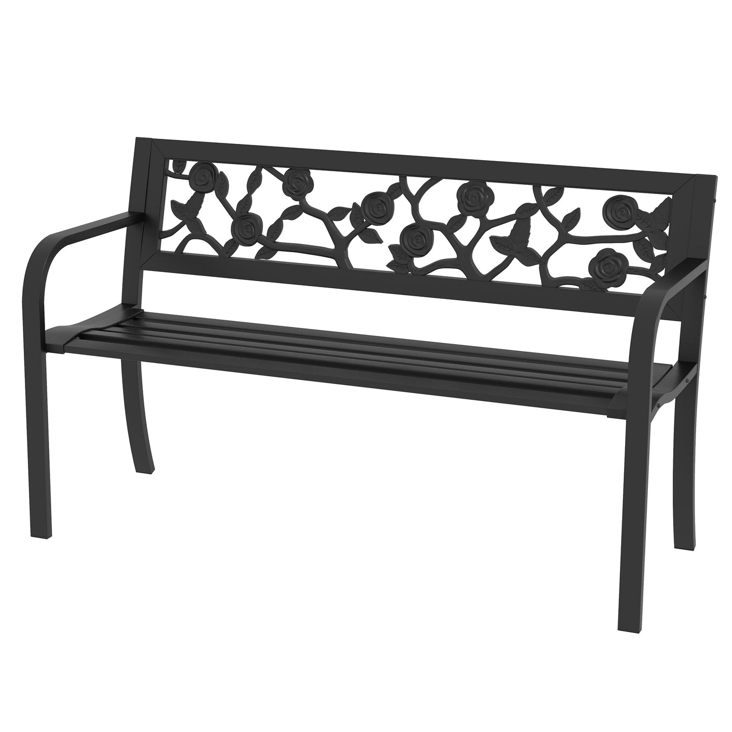 2-Seater Steel Garden Bench with Decorated Backrest and Armrests, 127x50x75cm, Black