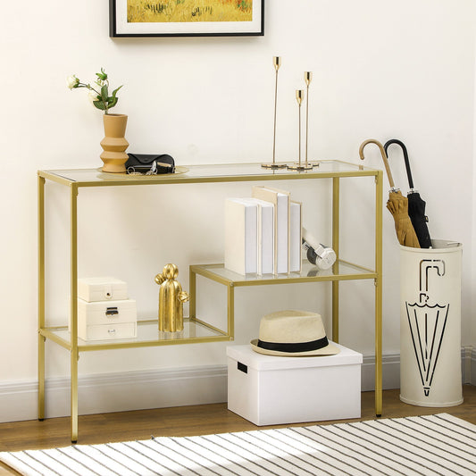 3-Tier Steel and Tempered Glass Entryway Console Table, 100x32x76 cm, Gold