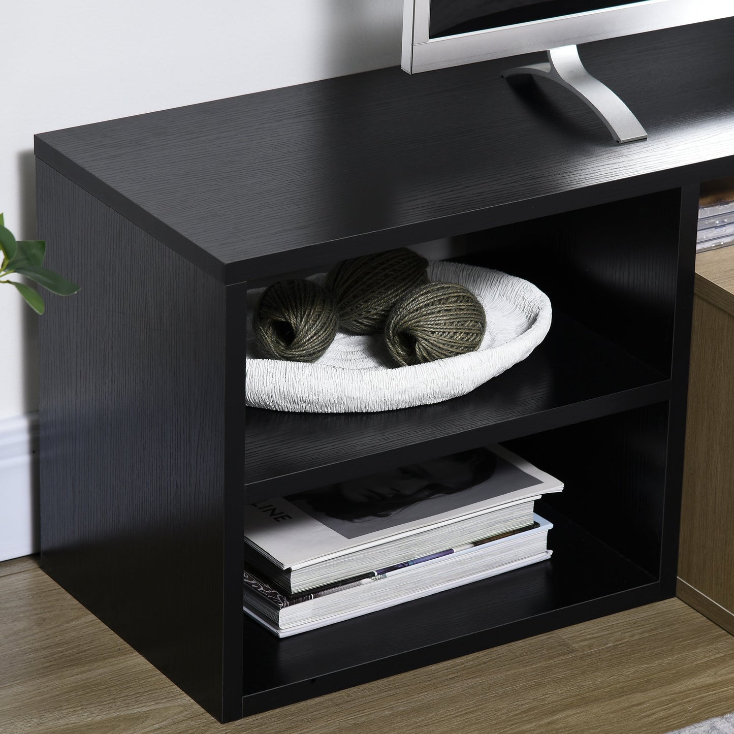 32"-65" TV Stand with Removable Shelf and Hinged Door Cabinet in MDF, 163x40x38 cm, Wood and Black