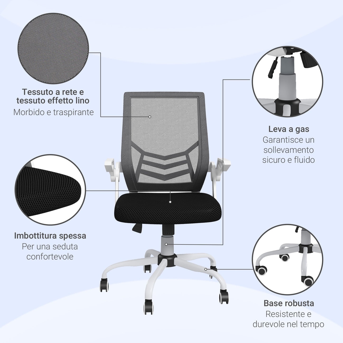 Ergonomic Office Chair with Adjustable Height, in Linen Effect Fabric, 62.5x55x94-104 cm, Black and White