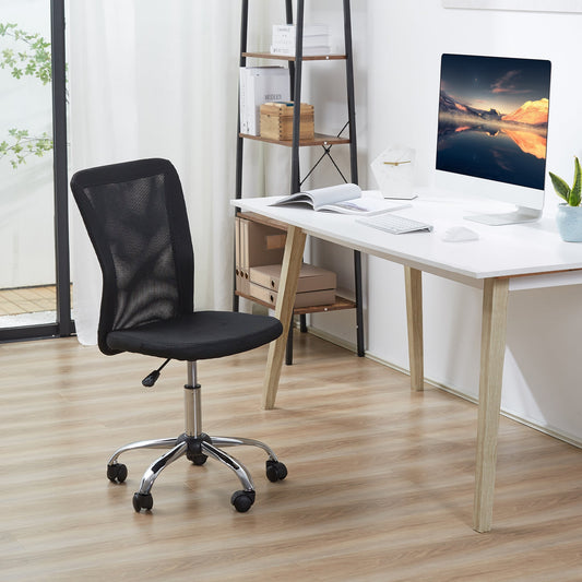 Ergonomic Office Chair Without Armrests, Breathable Mesh Fabric, Adjustable Height and 5 Wheels, 43x58x90-100cm, Black