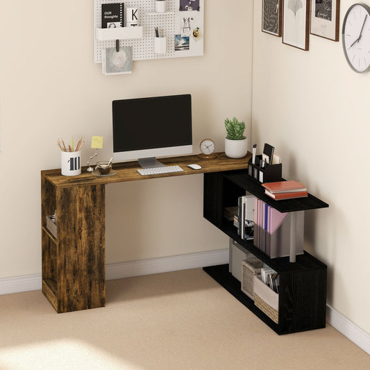 Space-Saving Corner Desk with S-Shaped Shelf, Wooden, 140x120x78 cm, Brown and Black
