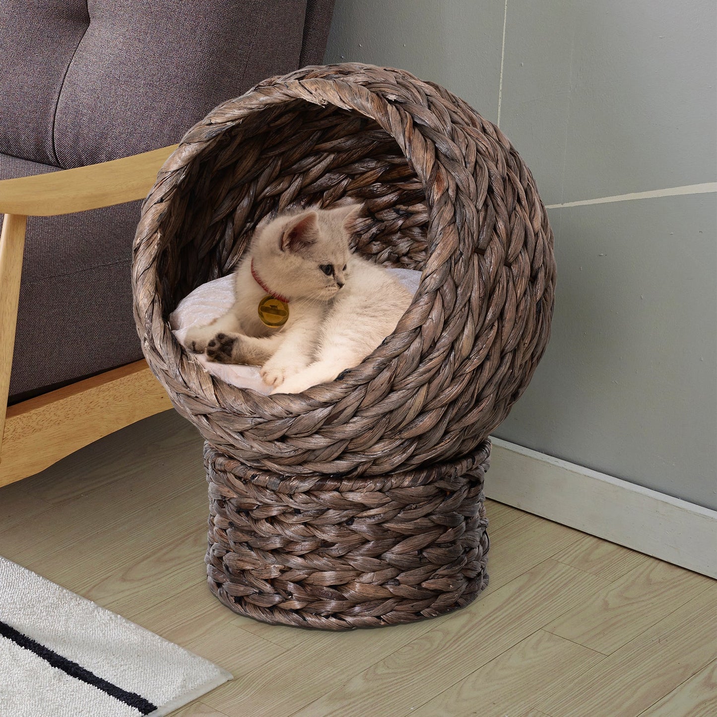 Raised Cat Bed with Cushion, Natural Banana Leaf House, Beige and Brown, 42x33x52cm