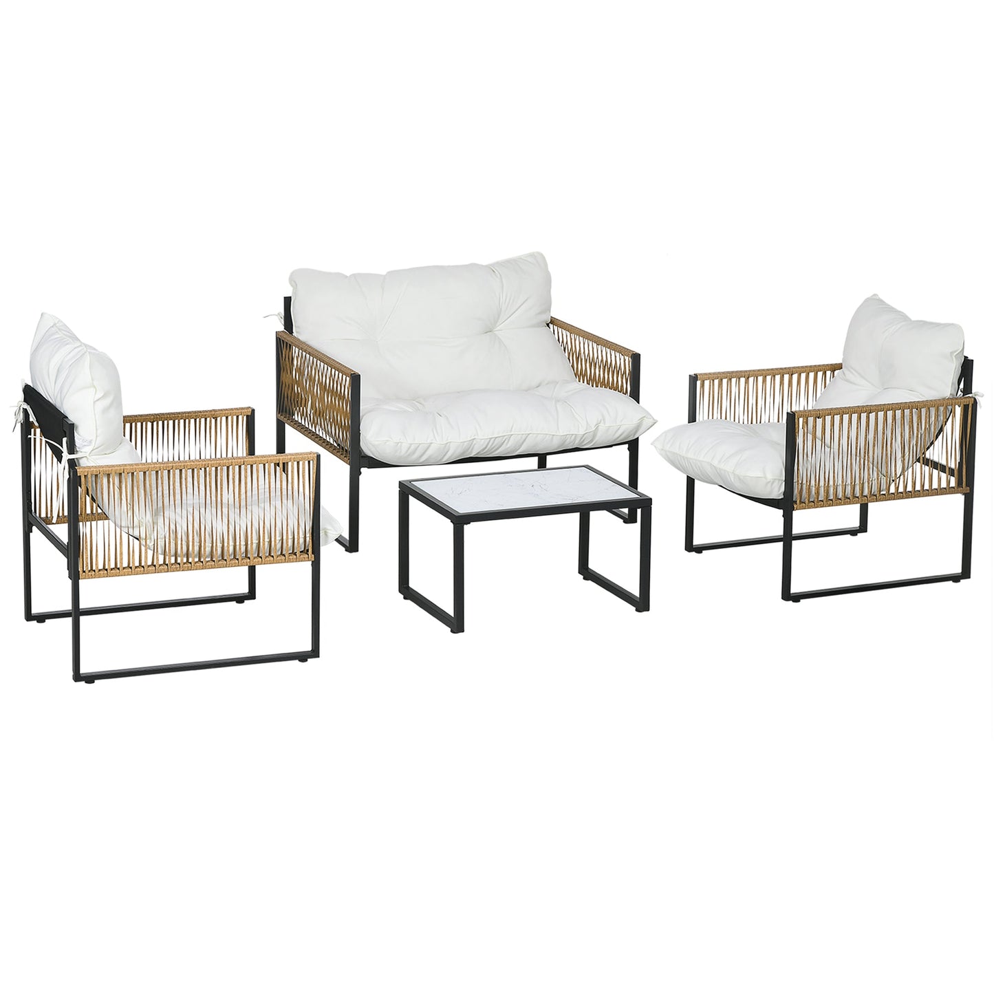 CAMILLA | 4 Piece Rattan Garden Set with Sofa, 2 Chairs and Coffee Table, Black, Brown and Cream