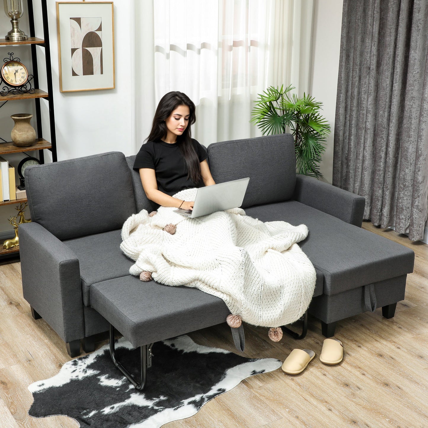 3-Seater Sofa Bed with Chaise and Storage Space, Linen-Effect Fabric, 197x129x85 cm, Charcoal Grey